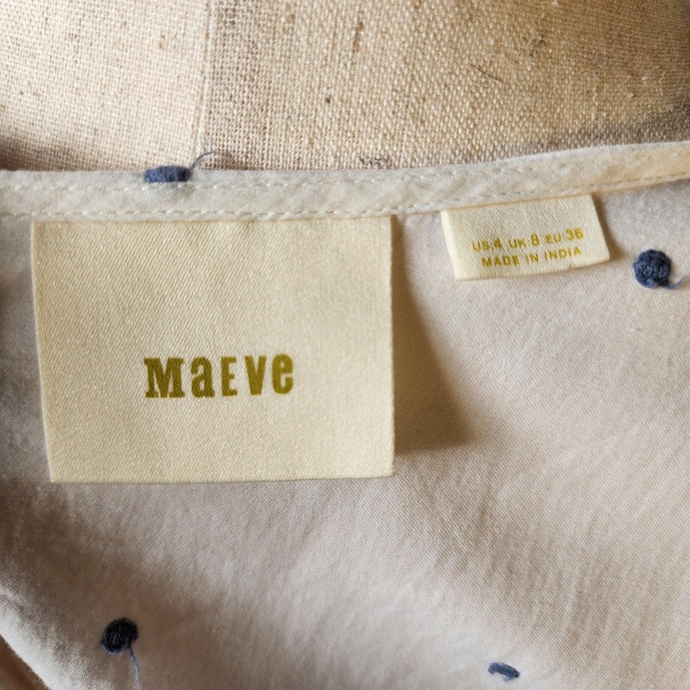 White & blue polka dots peplum blouse, flowy long button down back - Picture 2 of 10